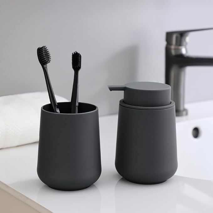 Matte Gray Liquid Hand Soap Dispenser Plastic 11 oz - Modern Minimalist Style for Bathroom & Kitchen Countertop Refillable