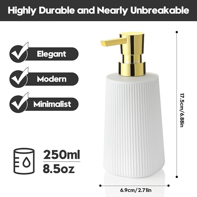 Small Soap Dispenser for Bathroom and Kitchen, Modern Farmhouse Striped Style Plastic Hand Soap Dish Soap Dispenser with Pump Matte White and Gold