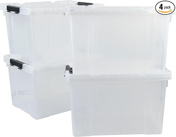 50 Quart Plastic Storage Bin, Stackable and Nestable Storage Boxes with Clear Lids and Secure Latching Buckles, Large Storage Container with Wheels (Clear, 50Quart-4Pack)