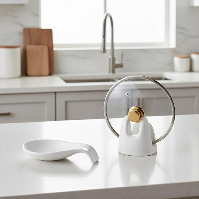 Nihow Pot Lid Holder: Stable Ceramic Pan Lid Holder for Kitchen Counter Decor/Counter top/Stove Top- Heat Resistant & Dishwasher Safe - Matte White(1 PC)