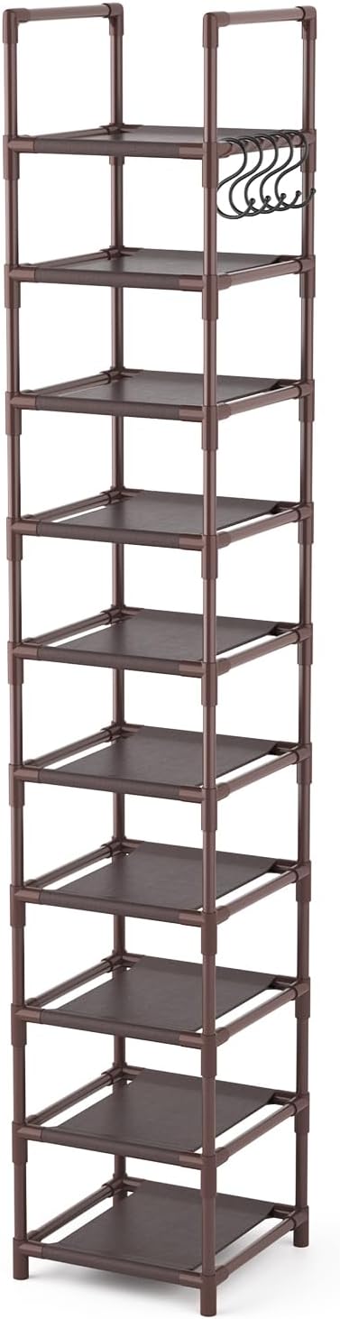 Tall Shoe Rack 10-Tier Narrow Shoe Shelf Storage for 10-15 Pairs Shoe and Boot, Sturdy Shoe Storage Space Saving Corner Shoe Rack Organizer for Closet, Entryway, Living Room, Brown