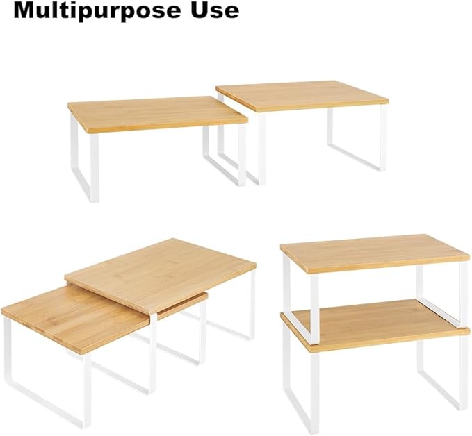 NEX Bamboo Kitchen Cabinet and Counter Shelf Organizer, Stackable & Expandable, Set of 4, White and Natural