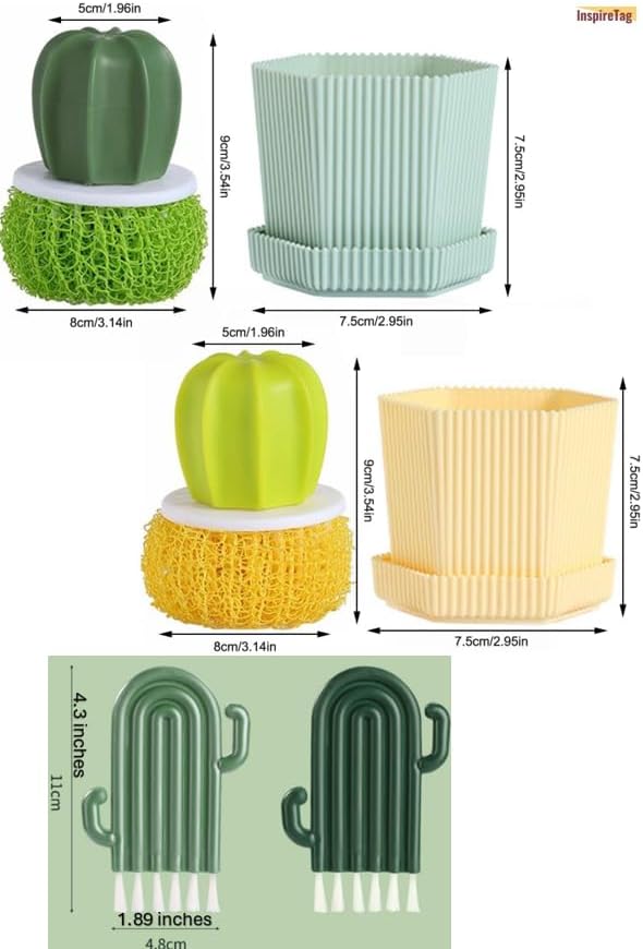 Kitchen Cleaning Brush Set with Holder & Drip Tray – 3 Head Cactus Scrub Brush, Row Brush, Mini Dish & Pot Brushes – Durable Multi-Purpose Scrubbers for Sink, Pans, Plates, Cups (Yellow)