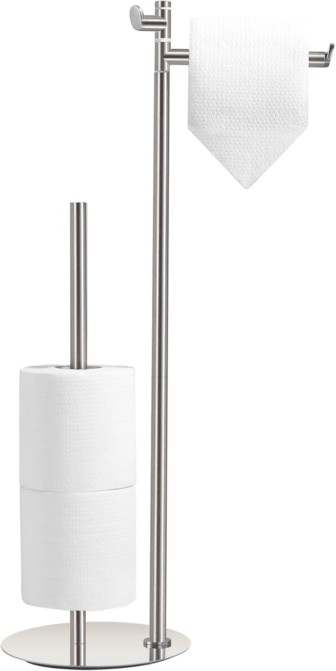 BVL Toilet Paper Holder Stand with Hook, Brushed Nickel Stainless Steel 304 Weighted Toilet Paper Holder Stand, Bathroom Freestanding Toilet Paper Holder Holds 5 Rolls