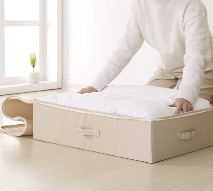 iwill CREATE PRO Folding Under Bed Shoes Storage Organiser Bins with Lid, Underbed Clothes Organizer Basket, Garment Storage Boxes, Beige