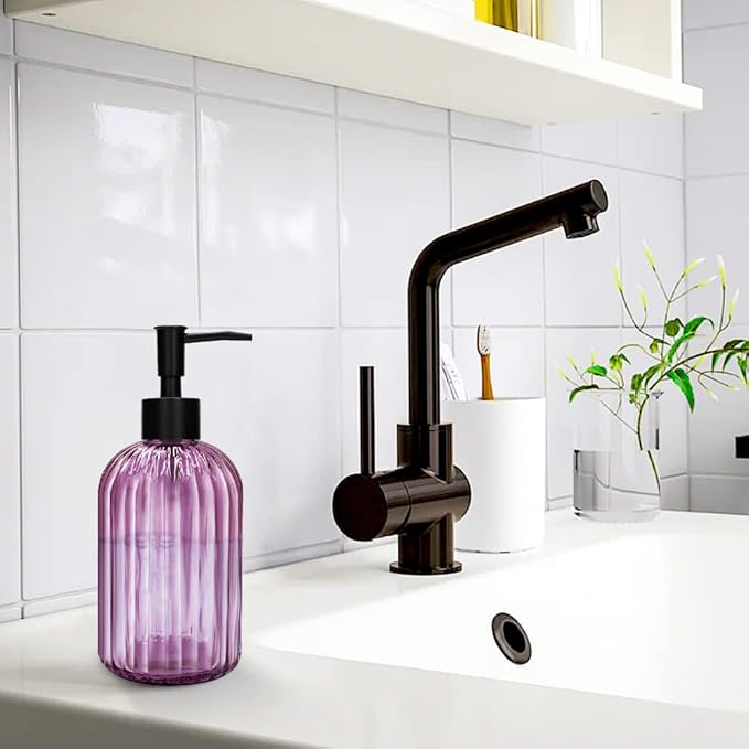 Pack of 2 Glass Soap Dispenser with Black Pump, 400 ml Refillable Pump Dispenser for Kitchen, Bathroom, Laundry Room, Liquid Glass Bottle for Washing Up Liquid, Shampoo, Conditioner (Purple)