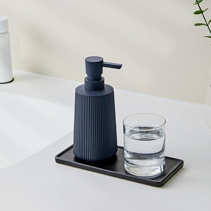 Small Soap Dispenser for Bathroom and Kitchen, Modern Farmhouse Striped Style Plastic Hand Soap Dish Soap Dispenser with Pump Matte Blue