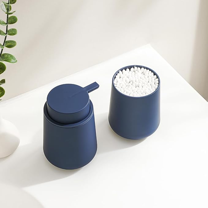 Matte Blue Bathroom Accessories 2 Piece Set Plastic Soap Dispenser and Toothbrush Holder for Modern Bathroom Decor