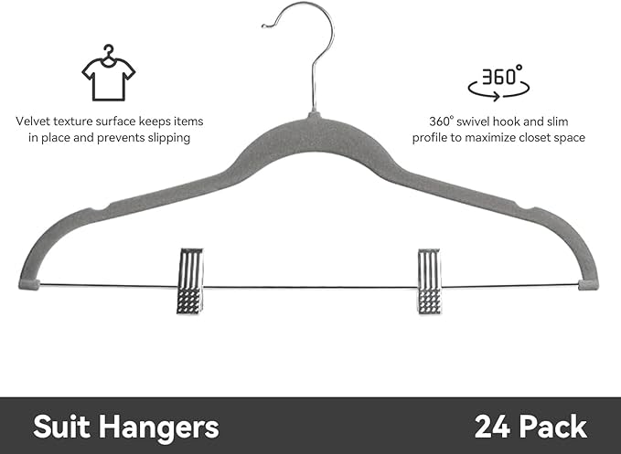 Velvet Pants Hangers Pack of 24, Non-Slip Skirt Clothes Trousers Hangers with Adjustable Clips, 360 ° Swivel Hooks Grey/Silver