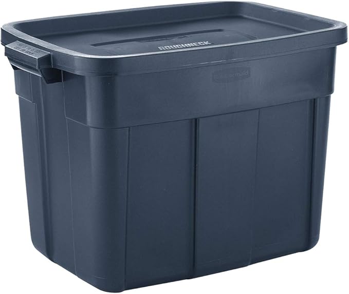 Rubbermaid Roughneck Tote Variety - |Made in the USA| Dark Indigo Metallic, Rugged Plastic Stackable Storage Tote with Lid and Handles (Pack of 10)