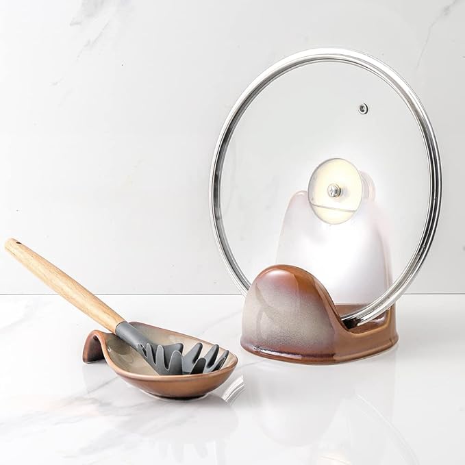 Nihow Pot Lid Holder: Stable Ceramic Pan Lid Holder for Kitchen Counter Decor/Counter top/Stove Top- Heat Resistant & Dishwasher Safe - Elegant Brown (1 PC)