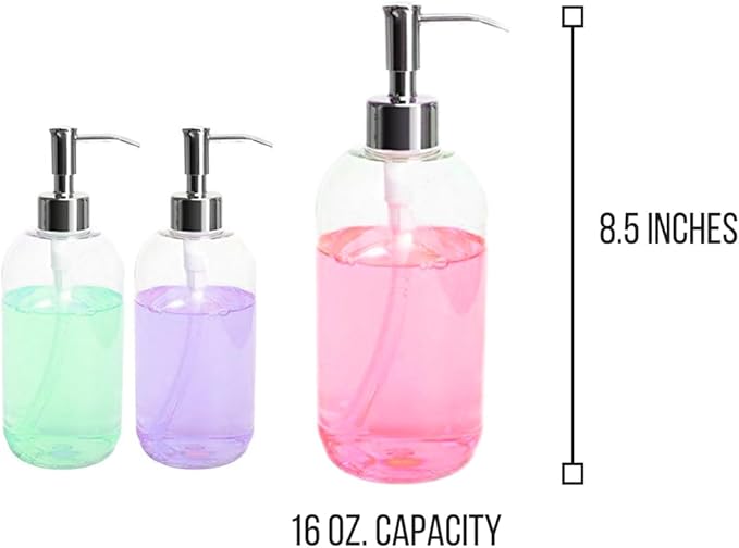Refillable Clear Soap Dispenser Bottles with Pump, 16 oz (3 Pack) | BPA-Free Plastic Boston Round Containers for Hand Soap, Lotion, Shampoo, Kitchen & Bath