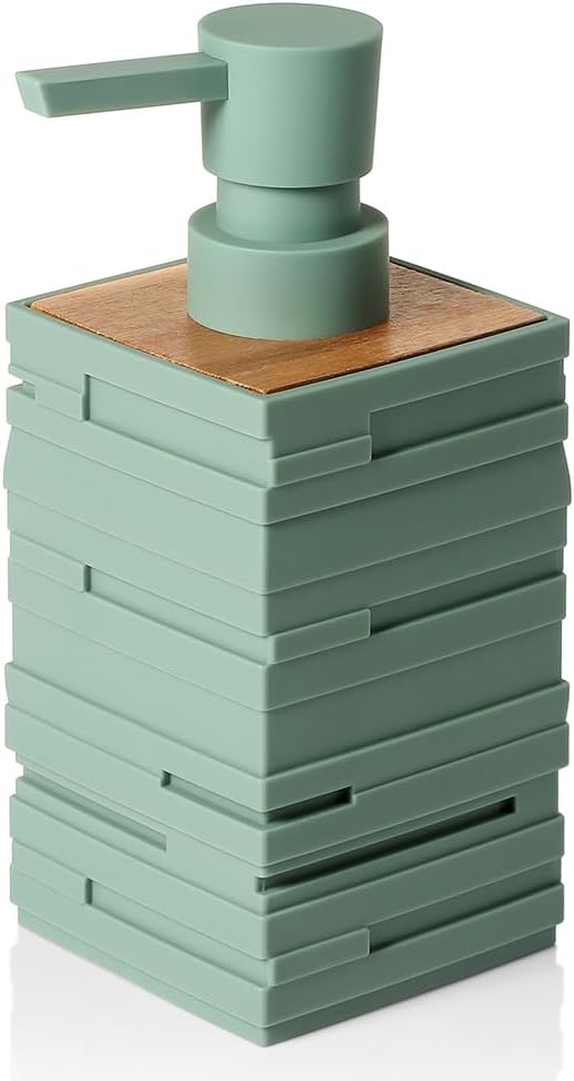 Matte Green Teak Wood Hand Soap Dispenser 10 oz Square for Bathroom and Kitchen Countertops
