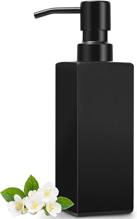 GMISUN Black Soap Dispenser Bathroom, Glass Hand Soap Dispenser with Stainless Steel Pump, 12 fl oz/350ml Refillable Dish Dispensers for Kitchen, Modern Liquid Lotion Bottles for Bathroom Countertop