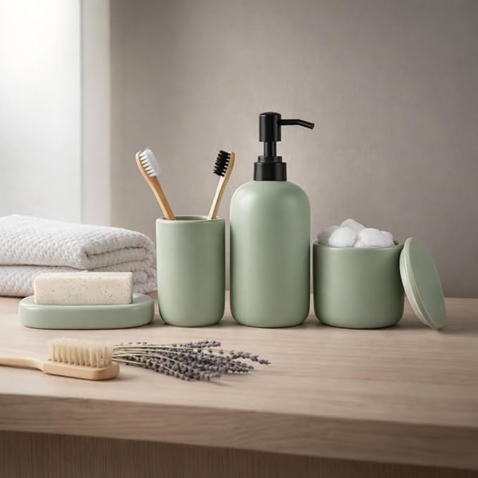 Ceramic Bathroom Accessories Set 4 Pcs – Modern Scandinavian Neutral Bathroom Soap Dispenser Set with Toothbrush Holder, Soap Dish & Cup – Minimalist Bathroom Accessory Set Decor - Sage Green