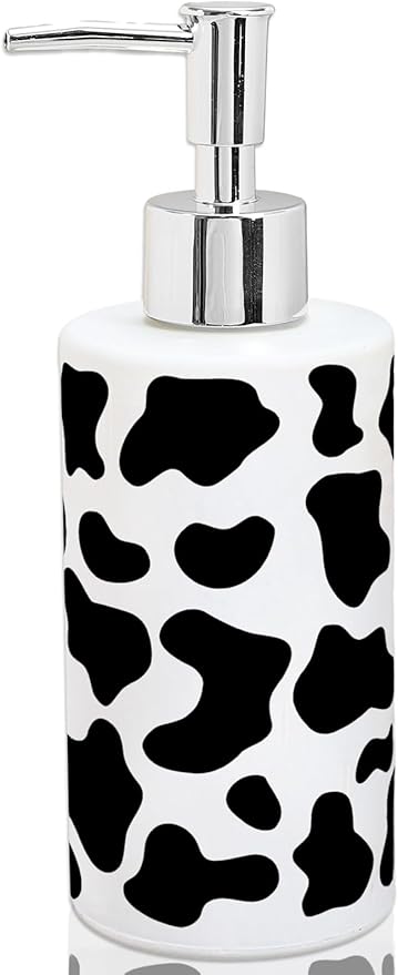 Cow Print Soap Dispenser Refillable Liquid Container Cute Cow Spot Glass Soap Dispenser with Pump for Bathroom Kitchen Countertop Decor