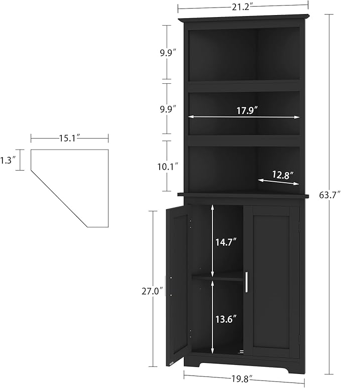 TEENFON Tall Corner Cabinet with LED Lights, Gothic Style Corner Storage Cabinets with Doors, 5-Tier Bathroom Cabinet, Living Room, Dining Room, Black