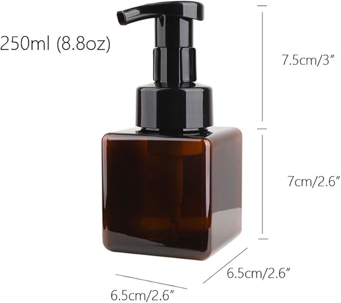 UUJOLY Foaming Soap Dispenser, 250ml (9oz) Refillable Pump Bottle for Liquid Soap, Shampoo, Body Wash (2 Pcs) (Small Amber)