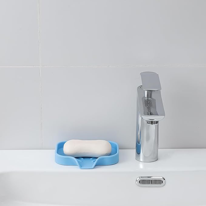 MicoYang Silicone Bathroom Soap Dishes with Drain Spout-Bathroom and Kitchen Sink Organizer,Sponge Holder,Dish Soap Tray,Perfect for Dispenser,Scrubber,Bottle on Sink or Counter-Light Blue 4.9"×3.2"