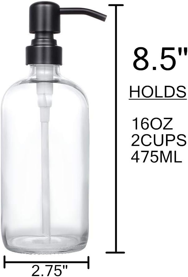 2 Pack Thick Clear Glass Pint Jar Soap Dispenser with Matte Black Stainless Steel Pump, 16ounce Clear Boston Round Bottles Dispenser with Rustproof Pump for Essential Oil, Lotion Soap