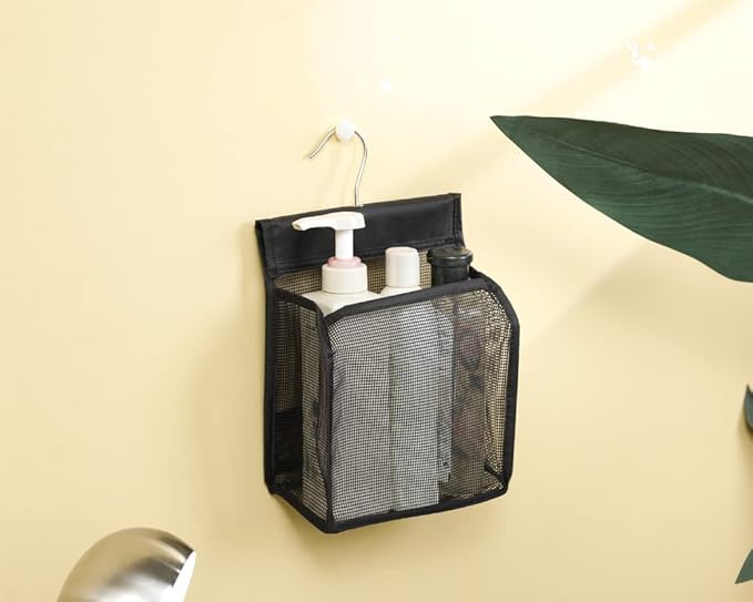 ALYER Hanging Mesh Shower Caddy Organizer Bathroom Storage Bag with Hooks for College Dorm, Gym, Swimming,RV and Travel,Black-3 Pack