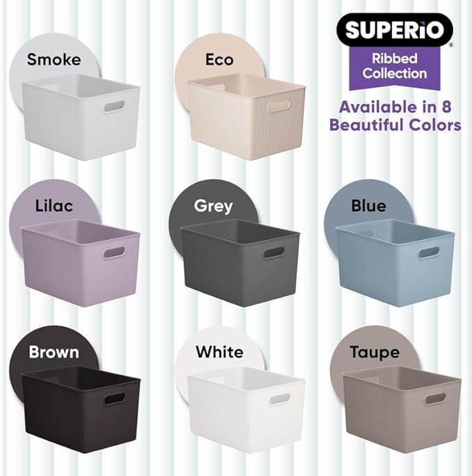 Decorative Plastic Basket Open Home Storage Bins Organizer, X-Large Taupe (4 Pack) Container Boxes for Organizing Closet Storage Bins for Shelves Drawer Shelf - Ribbed Collection 22 Liter/23 Quart