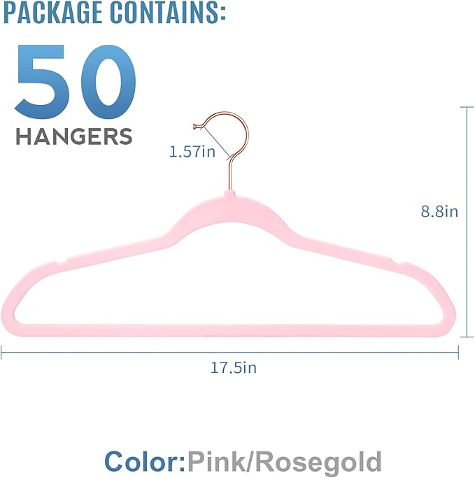 TIMMY Velvet Hangers - 50-Pack Ultra Thin Space Saving Suit and Coat Hanger, Heavy Duty Clothes Holder Up-to 10 Lbs - Pink
