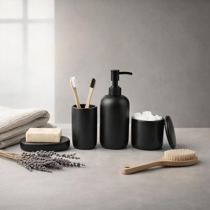 Ceramic Bathroom Accessories Set 4 Pcs – Modern Scandinavian Neutral Bathroom Soap Dispenser Set with Toothbrush Holder, Soap Dish & Cup – Minimalist Bathroom Accessory Set Decor - Black