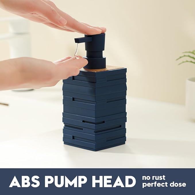 Matte Blue Teak Wood Hand Soap Dispenser 10 oz Square for Bathroom and Kitchen Countertops