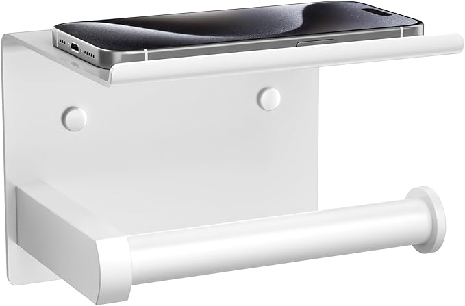Tindbea Toilet Paper Holder with Phone Shelf, Adhesive or Screw Wall Mount Toilet Tissue Roll Holder, Rustproof & Multifunctional Stainless Steel Bathroom Storage Dispenser (White)