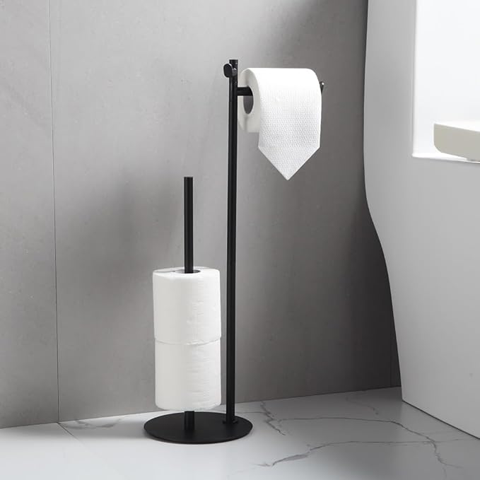 BGL Toilet Paper Holder Stand, SUS304 Stainless Steel Matte Black, Weighted Base, Holds 5 Jumbo Rolls, Space-Saving Modern Bathroom Storage with Built-in Hook