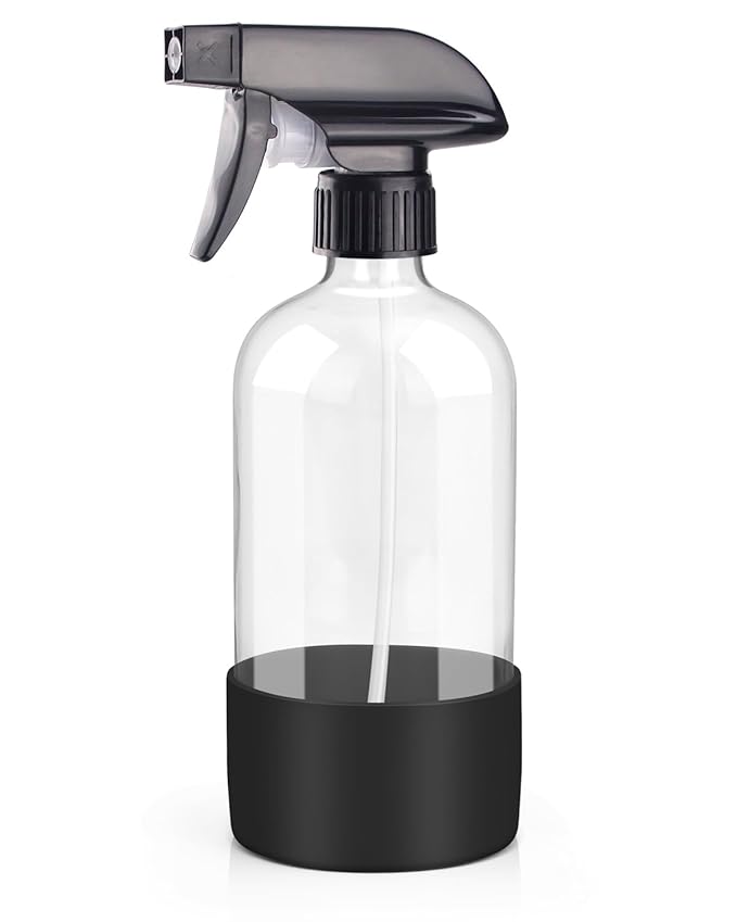 Glass Spray Bottles with Silicone Sleeve Protection, Empty 16OZ Reusable Spray Bottles, Refillable Containers with Spray Nozzles for Cleaning Solutions, Plants and Essential Oils 1 Pack Black