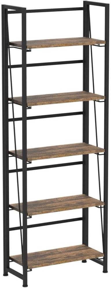 4NM No Assembly Folding Bookshelf, 5-Shelf 62.2" H Collapsible Foldable Bookcase Storage for Small Spaces, Rustic Brown and Black | 4NM, No-Assembly, Folding, Bookshelf, Storage Shelves, 5 Tiers