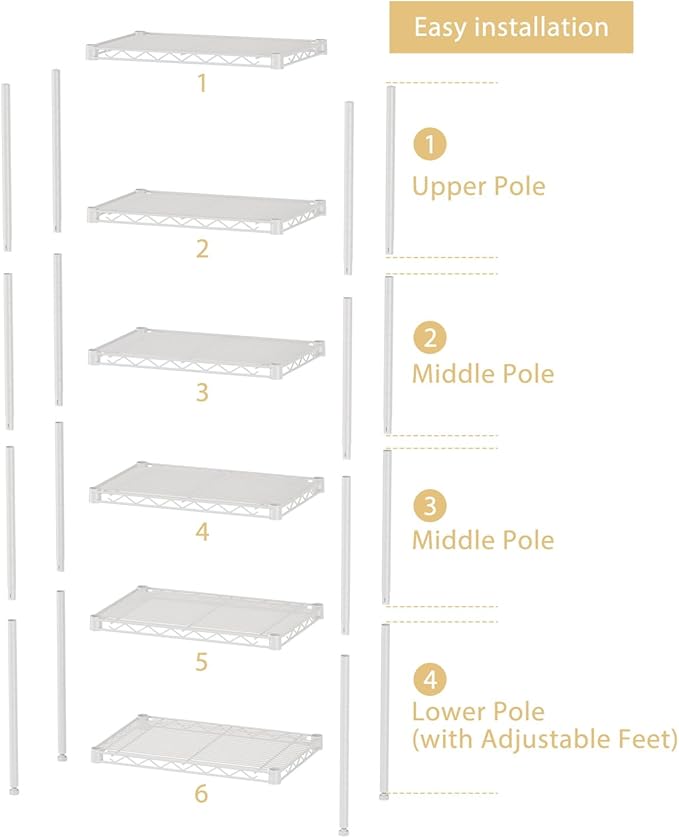 SINGAYE 6 Small Shelf Storage Wire Shelves Closet Bathroom Organizers Metal Pantry Kitchen Garage Shelving Unit Laundry Room Organization Home Narrow Rack Net Basket with Wheels White