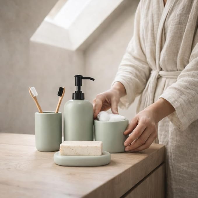 Ceramic Bathroom Accessories Set 4 Pcs – Modern Scandinavian Neutral Bathroom Soap Dispenser Set with Toothbrush Holder, Soap Dish & Cup – Minimalist Bathroom Accessory Set Decor - Sage Green
