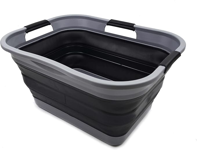 SAMMART 30L (8 gallon) Collapsible Plastic Laundry Basket - Foldable Pop Up Storage Container/Organizer - Portable Washing Tub - Space Saving Basket - Water Capacity 24L(6.3 gallon) (1, Grey/Black)