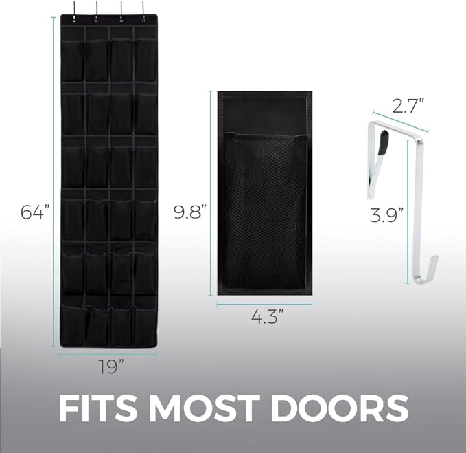 HOME GENIE Over the Door Hanging Shoe Organizer, 24 Breathable Mesh Pockets, Closet Rack Storage Holder, Stay in Place Hooks Hang on Closets, Hanger Holds Up to 40 lbs for Shoes, Accessories, Black