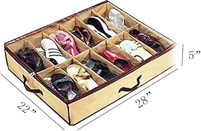 2PCS Ladies/Kids Storage Household Shoe Bag 12 Cells Underbed Foldable Closet Organizer (Beige) (beige) (2)