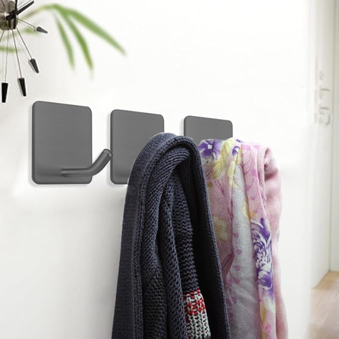 FOTYRIG Adhesive Towel Hooks Stick on Towel Hanger Wall Hooks Waterproof Stainless Steel Sticky Hooks for Hanging Bathroom Kitchen Home Grey -4 Packs