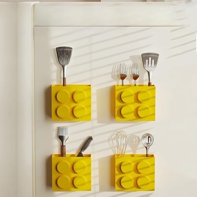 Magnetic Basket Organizer for Fridge - Lego-Style ABS Plastic Storage Box,No Drill Design for Kitchen Counter, Microwave & Whiteboard, Holds Up to 3.5 lbs (Yellow)