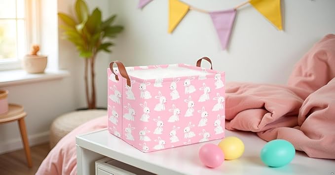 CLOCOR Rectangular Pink Easter Gift Basket Empty,Waterproof Easter Bunny Bakset for Egg Hunting(Pink Easter Bunny)