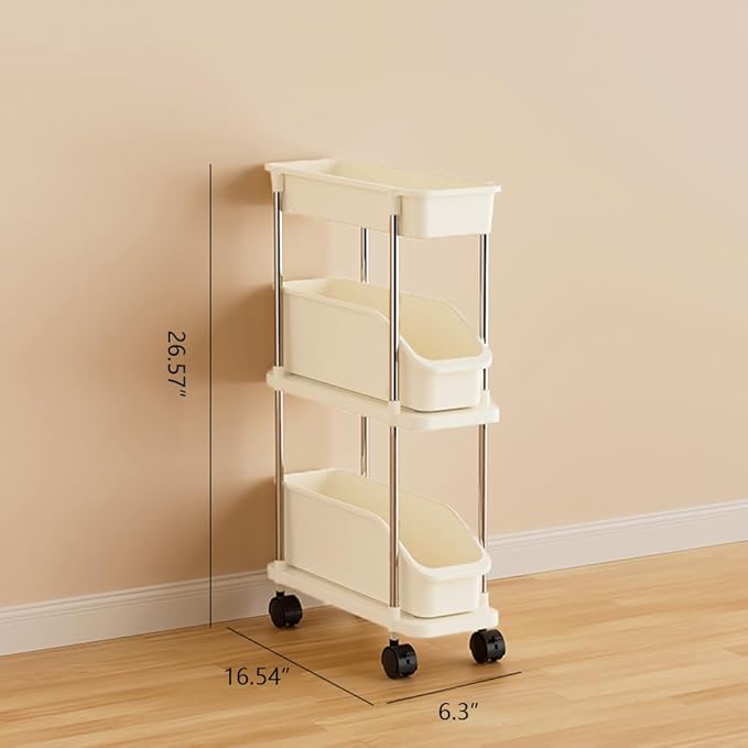 Slim Storage Cart 3 Tier Slim Rolling Utility Cart with Pull-Out Baskets & Wheels for Narrow Space in Kitchen Dining Room Bathroom Laundry Room Cream White (Width 6.3 Inches)