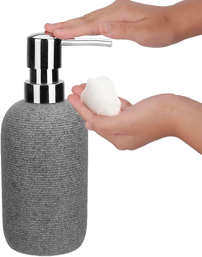 Grey Resin Bathroom Accessory Set, 5 Pcs Bathroom Accessories Set with Lotion Dispenser,Soap Dish,Toothbrush Holder,Vanity Tray,Qtip Holder Dispenser, Modern Bathroom Decor and Housewarming Gift Set