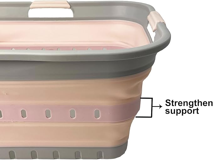 SAMMART 42 (11 Gallons) Collapsible Plastic Laundry Basket, Foldable Pop Up Storage Container/Organizer, Space Saving Hamper, Portable Bin for Dorm Room Bathroom (2, Grey/Pink)