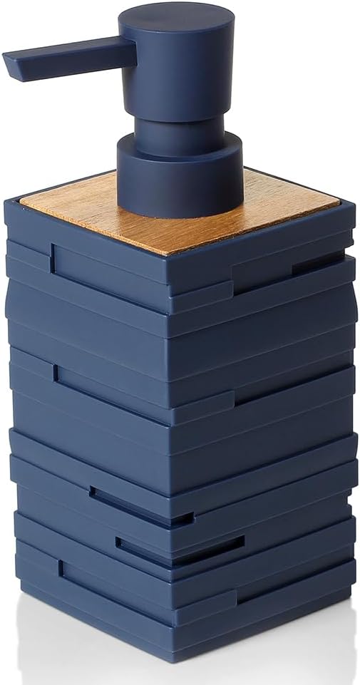 Matte Blue Teak Wood Hand Soap Dispenser 10 oz Square for Bathroom and Kitchen Countertops