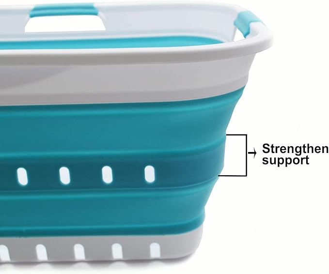 SAMMART 42L (11 gallon) Collapsible Plastic Laundry Basket - Foldable Pop Up Storage Container/Organizer - Portable Basket - Space Saving Hamper/Basket (2, White/Bright Blue)