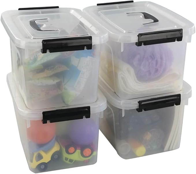 Begale 5 Quart Plastic Small Storage Container, Clear Latch Box with Latches, 4-Pack