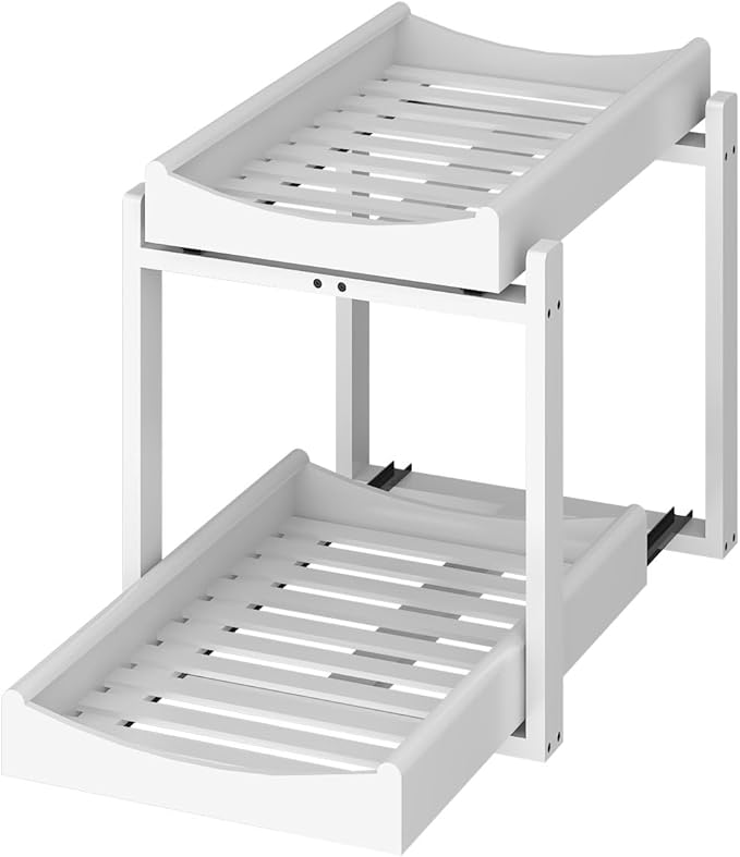 Bamboo Under Sink Organizer and Storage, 1 Pack Pull Out Cabinet Organization, 2 Tier Vertical Slide Out Undersink Storage Shelf, Multi-Purpose Organizer Shelves for Kitchen Bathroom Medicine, White
