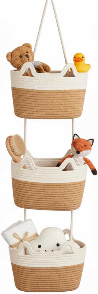 Britwicfr Wall Hanging Baskets, 3-Tier Cotton Over Door Organizer, Decorative Hanging Wall Basket for Wall, Door, Nursery, Living Room, Bathroom, Cat-Like Design Boho Decor, White & Jute