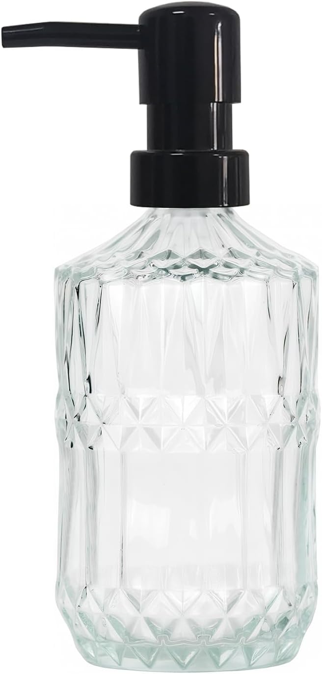 Clear Glass Soap Dispenser with Black Pump, 15oz Liquid Hand Dispenser, Refillable Lotion Dish Soap Dispenser for Modern Home Decor, Bathroom, Kitchen Countertop, Hotel